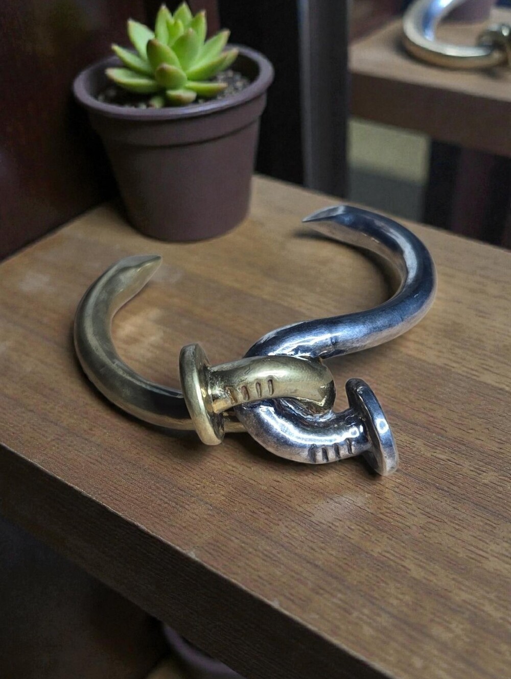 Mixed-Metal Interlocking Nail Cuff – Brutalist Industrial Bypass Bracelet